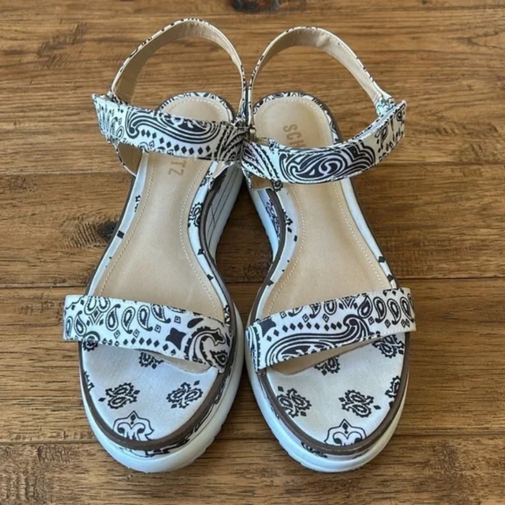 SCHUTZ Black and White Paisley Platform Sandals - Picture 3 of 12